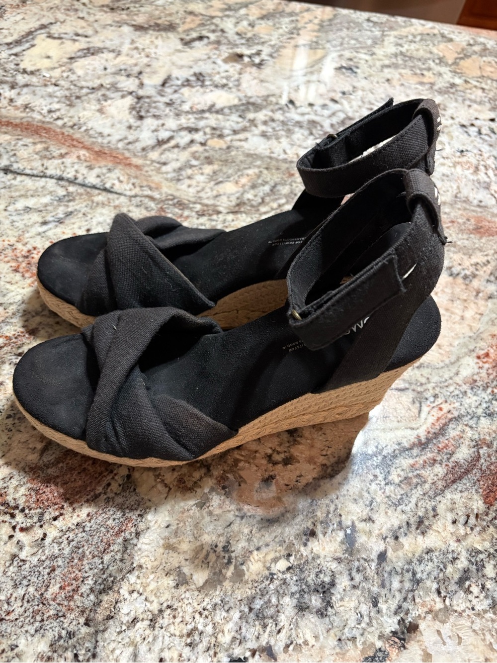 Toms Black Fabric Espadrille Wedge Sandals with Ankle Strap